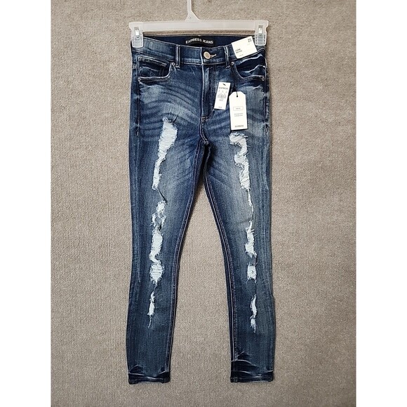 EXPRESS High Rise Legging Jeans Womens 2 Short Blue Distressed Stretch NEW - Picture 1 of 12